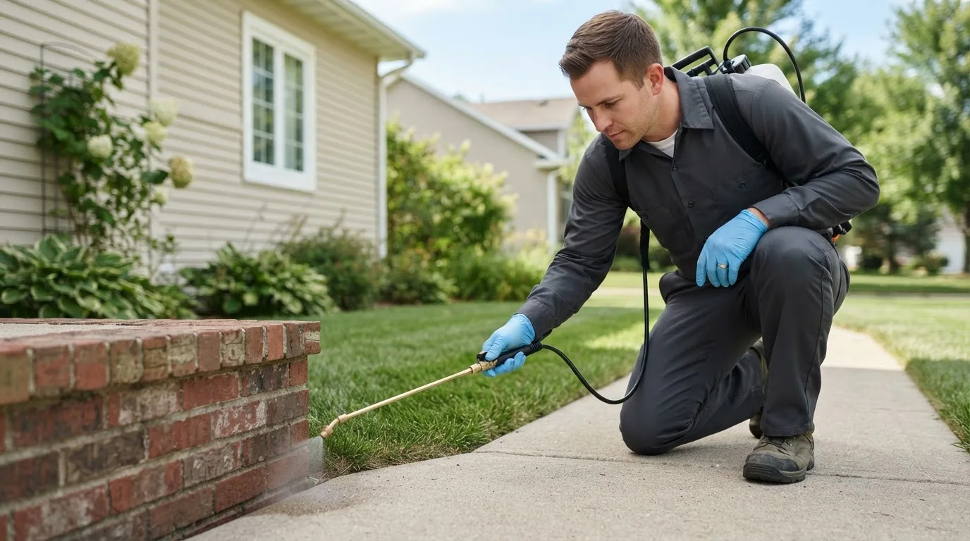 Pest control technician treating a home near Friend, NE
