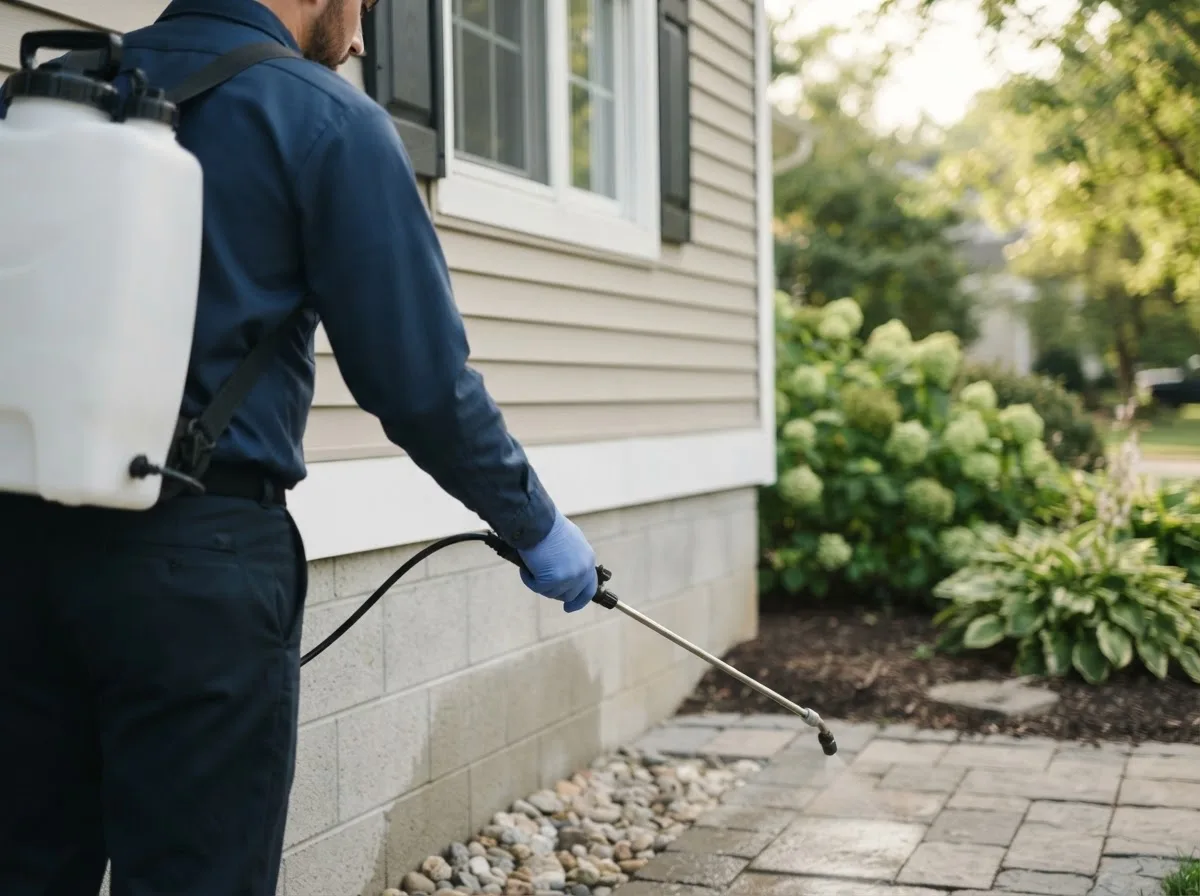 Pest control technician inspecting a home in Friend, NE